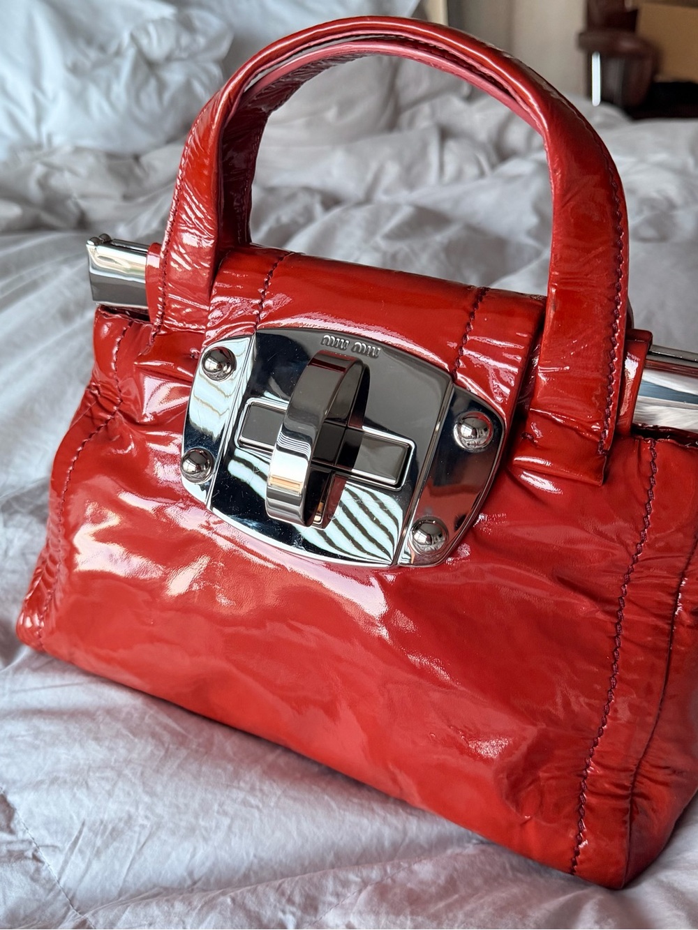 Miu Miu Glossy Red Patent Satchel with Silver Turn-Lock